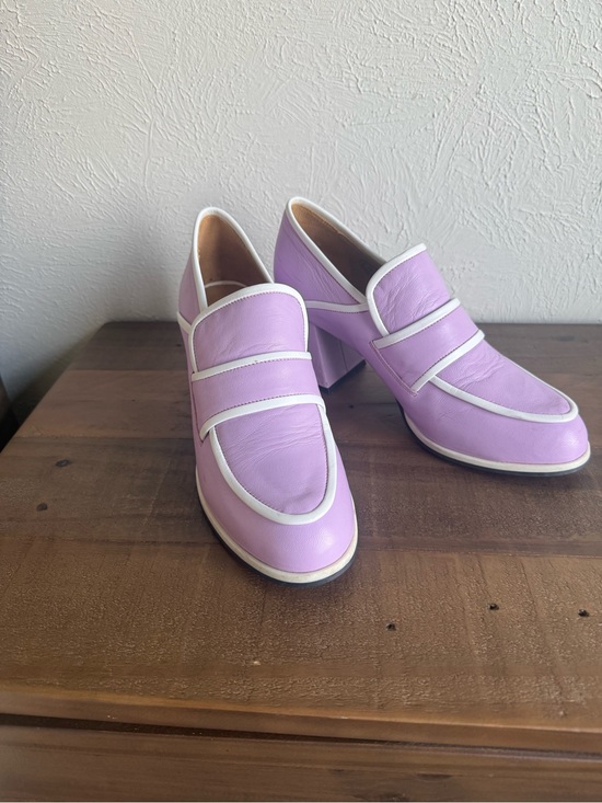 John Fluevog Shoes - Fluevog Clouds of Joy Nimbus Lavender Block Heel Loafers with White Trim